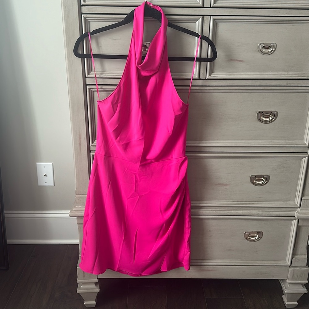 Amanda Uprichard high neck backless hot pink mini dress.